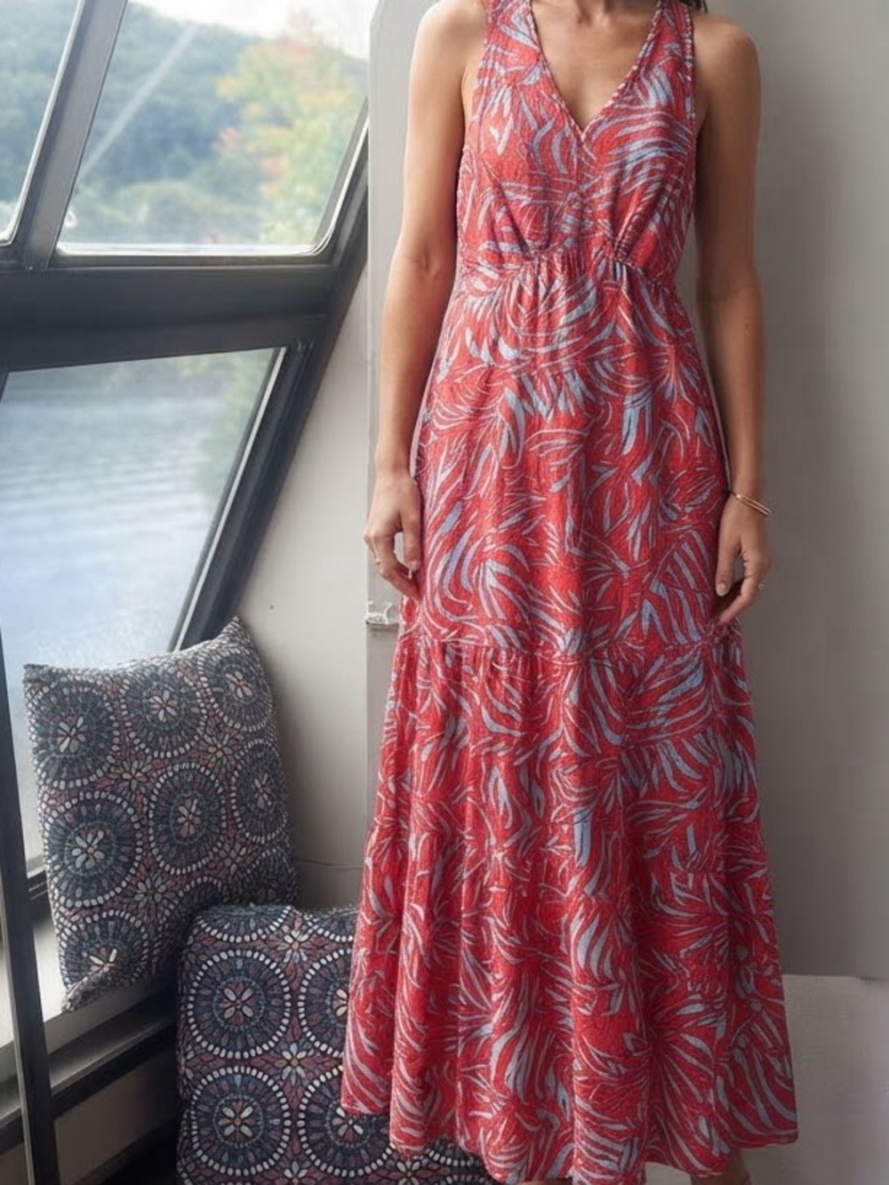 Japna Coral and Light Blue Printed V-Neck Tiered Maxi Dress